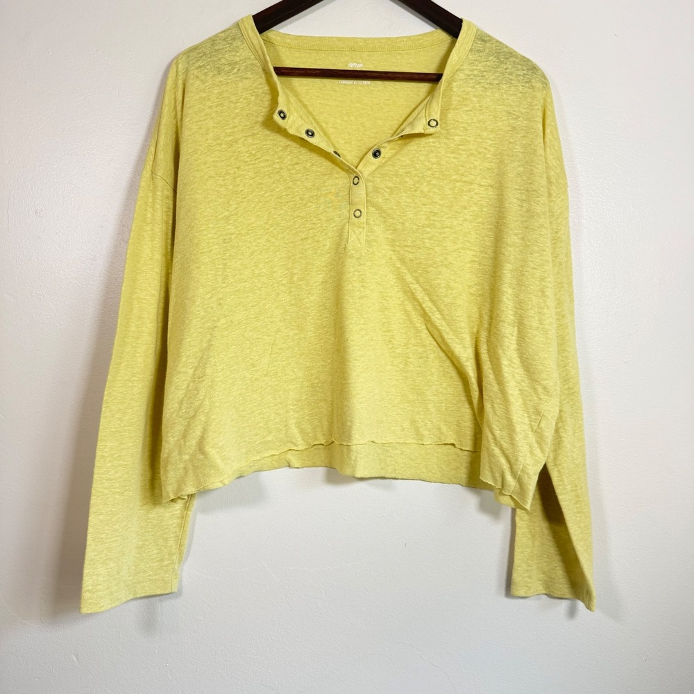 Aerie Slub Knit Cropped Henley Long Sleeve Top Size Large Yellow